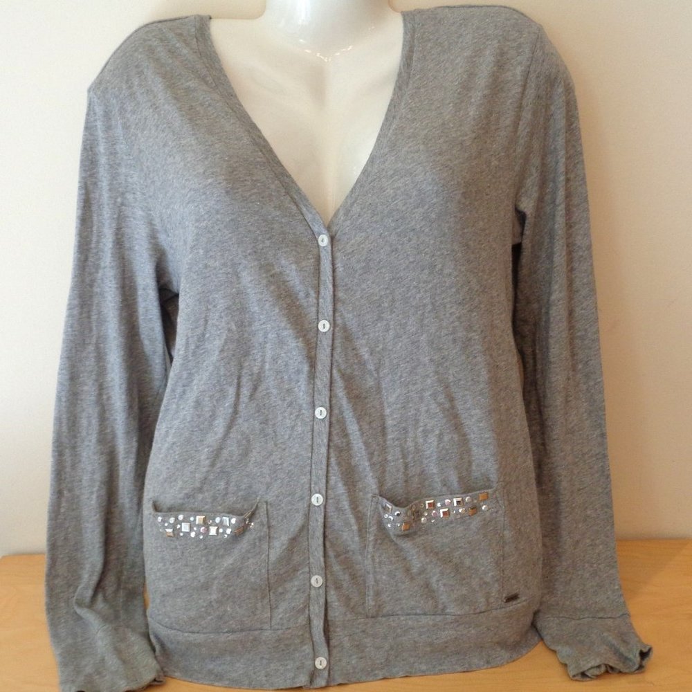 PINK Victoria's Secret Embellished Jewel Cardigan Button Sweater Gray Size Small